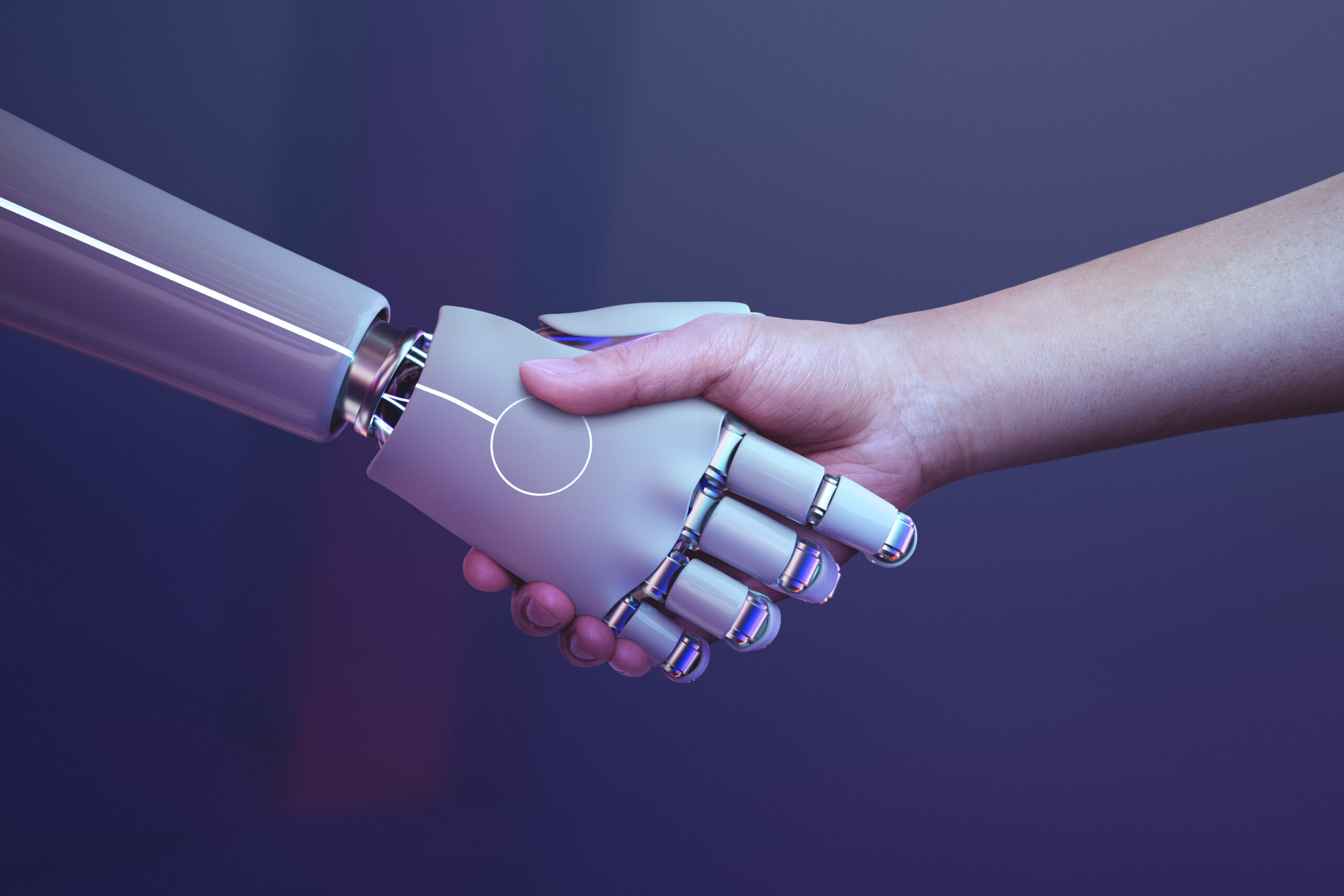 robot: stretta di mano sfondo umano futuristico era digitale - ChatGpt
